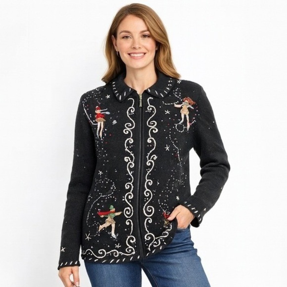 Erika Sweater Women Black Embroidered Beaded Winter Snow Ice Skater‎ Cardigan